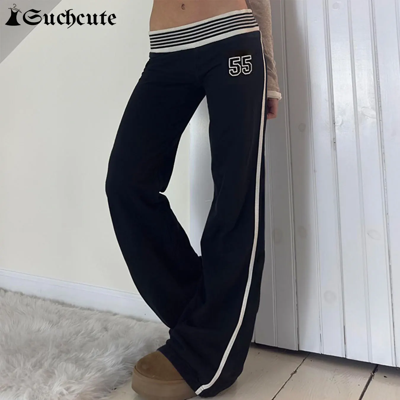 

SUCHCUTE Striped Waistband Patchwork Long Pants For Women Fashion Digital Printed Elastic Waist Trousers All-Match Casual Bottom