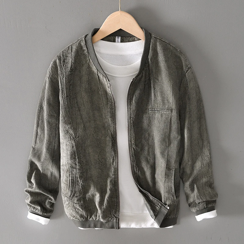 Vintage Linen Jacket Men Spring Autumn New Khaki Pleated Stand Collar Multi-pocket Zipper Loose Jacket Casual Coat Plus Size