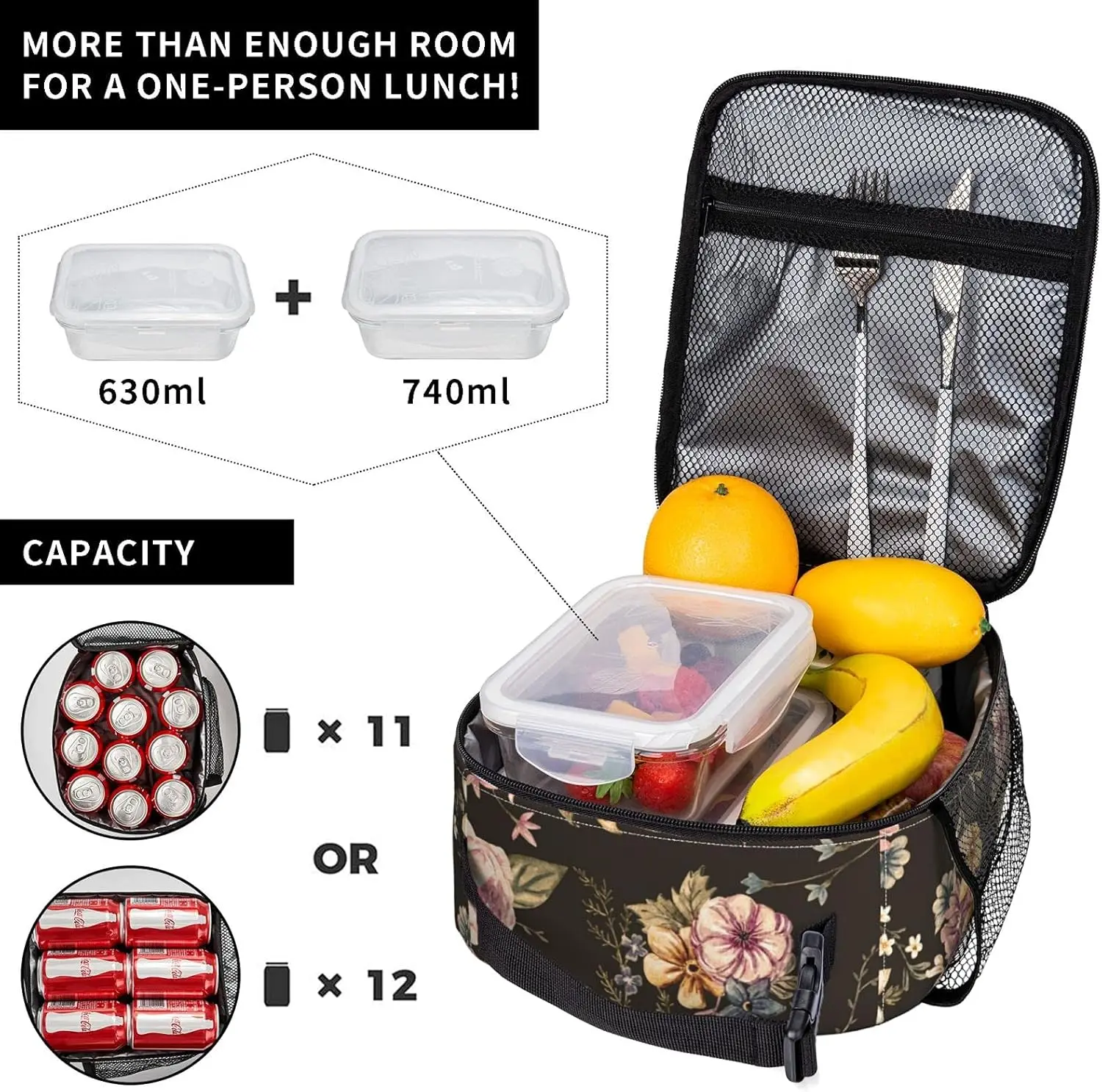 Insulated Black Flower Lunch Bag for Teen Girls Women Reusable Leakproof Cooler Floral Lunch Box Bag for Kids School Office Work