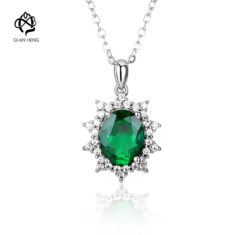 

Qian Heng 925S Emerald Necklace Vintage Pendant with Chain 925 Sterling Silver Gemstone Necklaces Women Statement Daily Gift