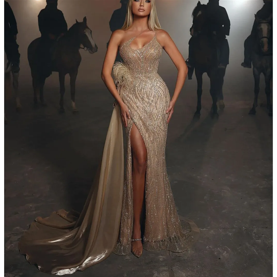 

Luxury Mermaid Evening Dress Sleeveless V Neck Gowns Straps Sequins Lace Sexy Beaded Appliques Side Slit Prom Dress Customized