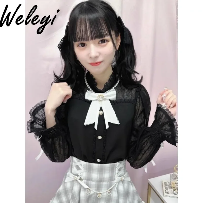 Cute Japanese White Shirts Stringy Selvedge Tops Ropa De Mujer Autumn Classic Temperament Camellia Long Sleeve Blouse Poleras