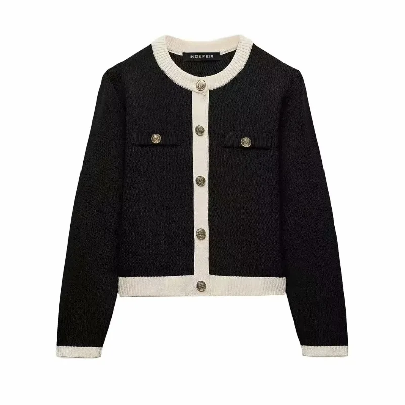 

Classic Contrast Color Knitted Cardigan Women's Fashionable Simple Gold Buttons Sweaters Round Neck Black Jumpers 빨강니트 니트