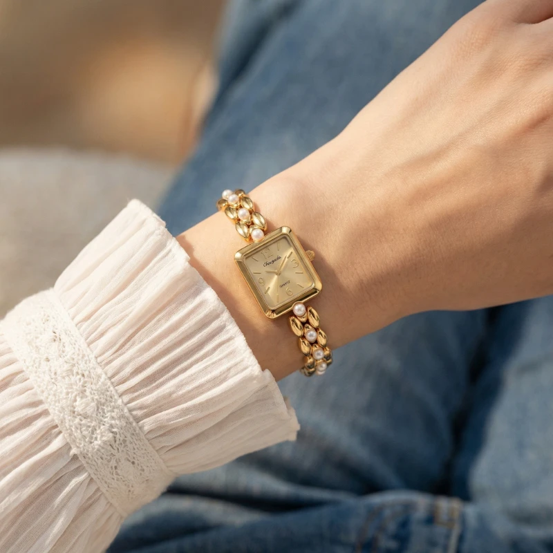 Luxury Gold Square Women Watch Fashion Pearl Inlaid Metal Bracelet Watches for Woman Elegant Dress Ladies Watch Gift Reloj Mujer