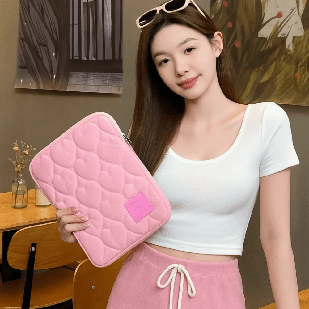 패션 러브 하트 태블릿 보관 가방 푹신한 디자인 한국 스타일 컴퓨터 가방 충격 방지 대용량 태블릿 파우치 여성