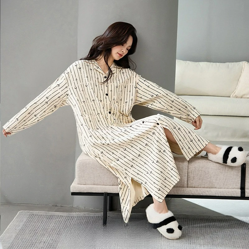 

Pure CottonLong Sleeve Nightgowns Women Striped Baggy Sweet Home Students Tender Korean Fashion Sleepwear All-match Lounge