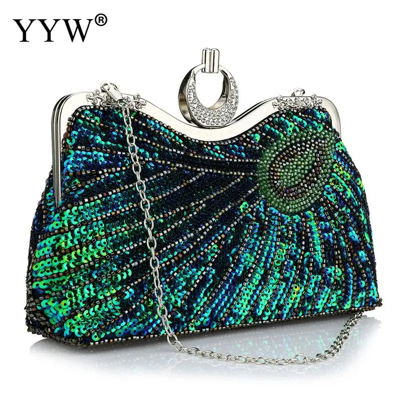 

Luxury Green Peacock Tail Pattern Beaded Clutch Handbag Waterproof Metal Handle Women Evening Banquet Wedding Purse with Chain