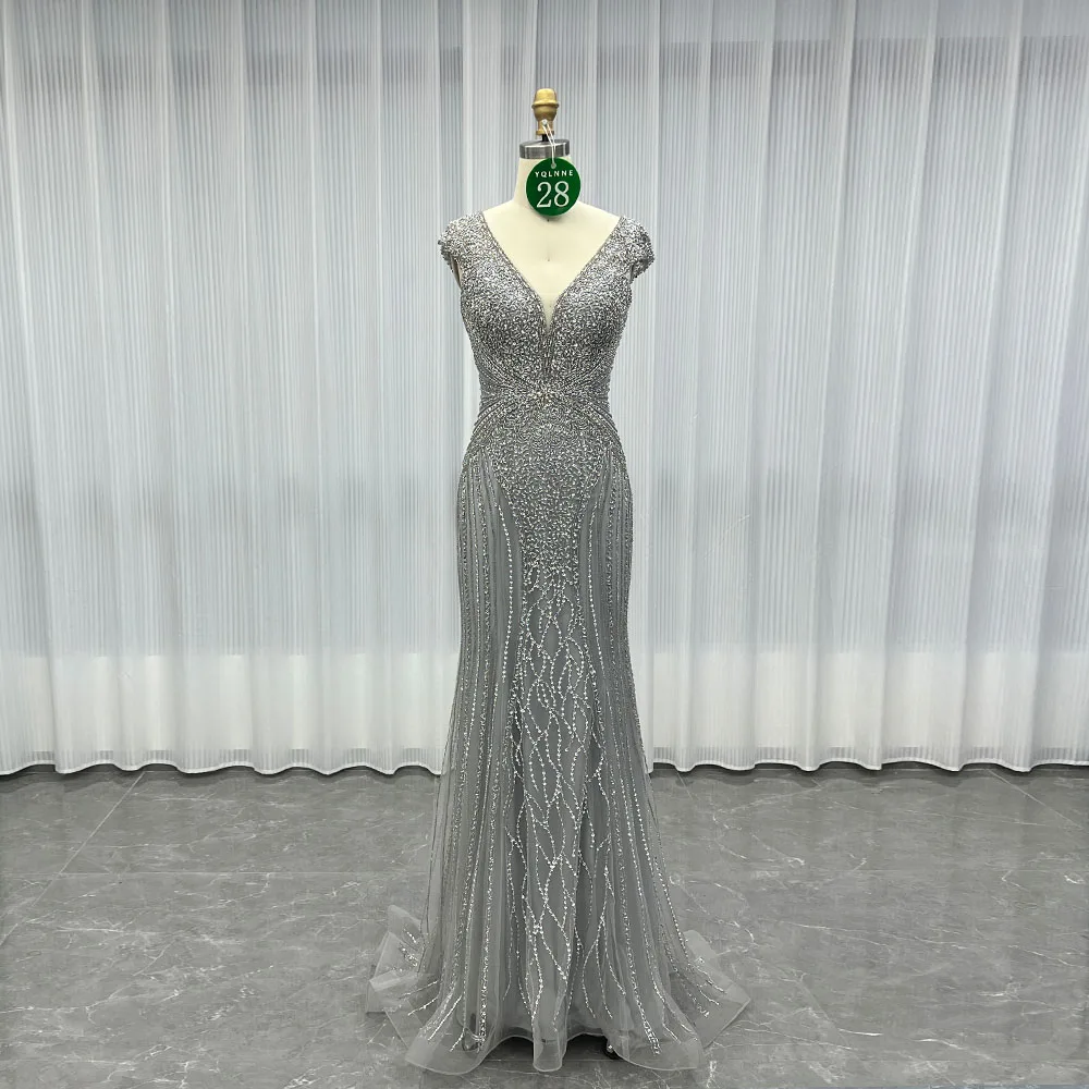 

YQLNNE 028, роскошные вечерние платья с серебряными кристаллами, длинное вечернее платье русалки с V-образным вырезом