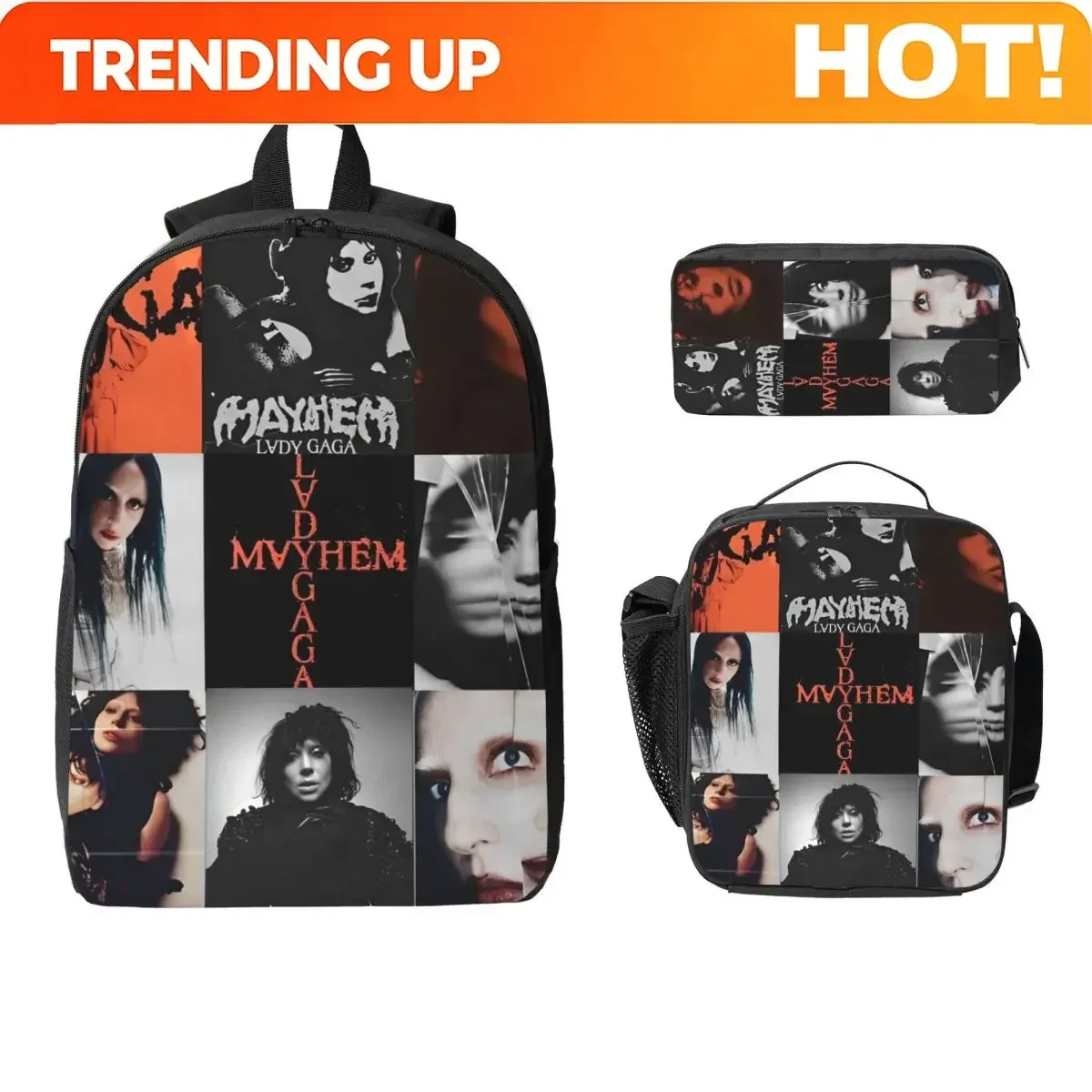 Custom Bag 3Pcs Lady Gaga Mayhem Theme Backpack Set For Children Pen Bags Bookbag Sets With Lunch Box For School Students Daypac