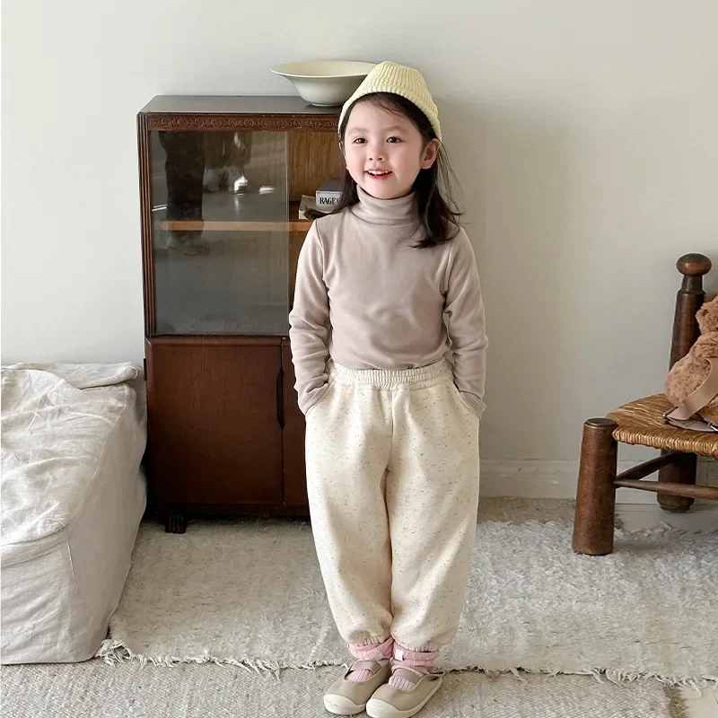 

Girls Blouse 2024 Winter New Childrens Clothes Girls Baby Foreign Style Thick Warm Turtleneck Base Shirt Casual Simple Daily