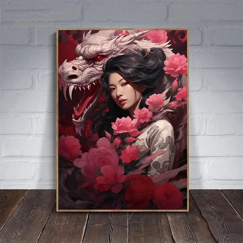 Japanisches Drachen-Geisha-Kunstposter Leinwand-Wandkunst Gemälde Eleganz der Geisha Bilder Wandkunst Wandbild für Heim- und Raumdekoration