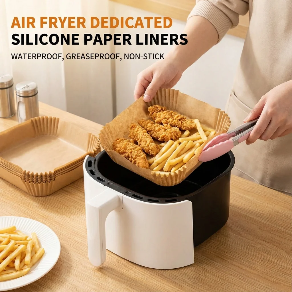 50 forros de papel engrossados ​​da fritadeira de ar dos pces, almofadas de papel de vapor resistentes ao calor absorventes de óleo para panelas de cozimento da cozinha de casa que cozinham