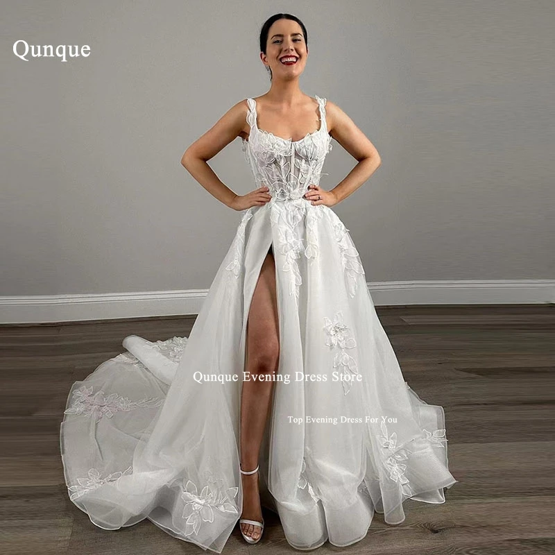 

Qunque Tulle Ball Gown Wedding Dress Sexy Slit Exquisite Flowers With Pearls Wedding Gowns for Bride Long Train Robes De Mariée