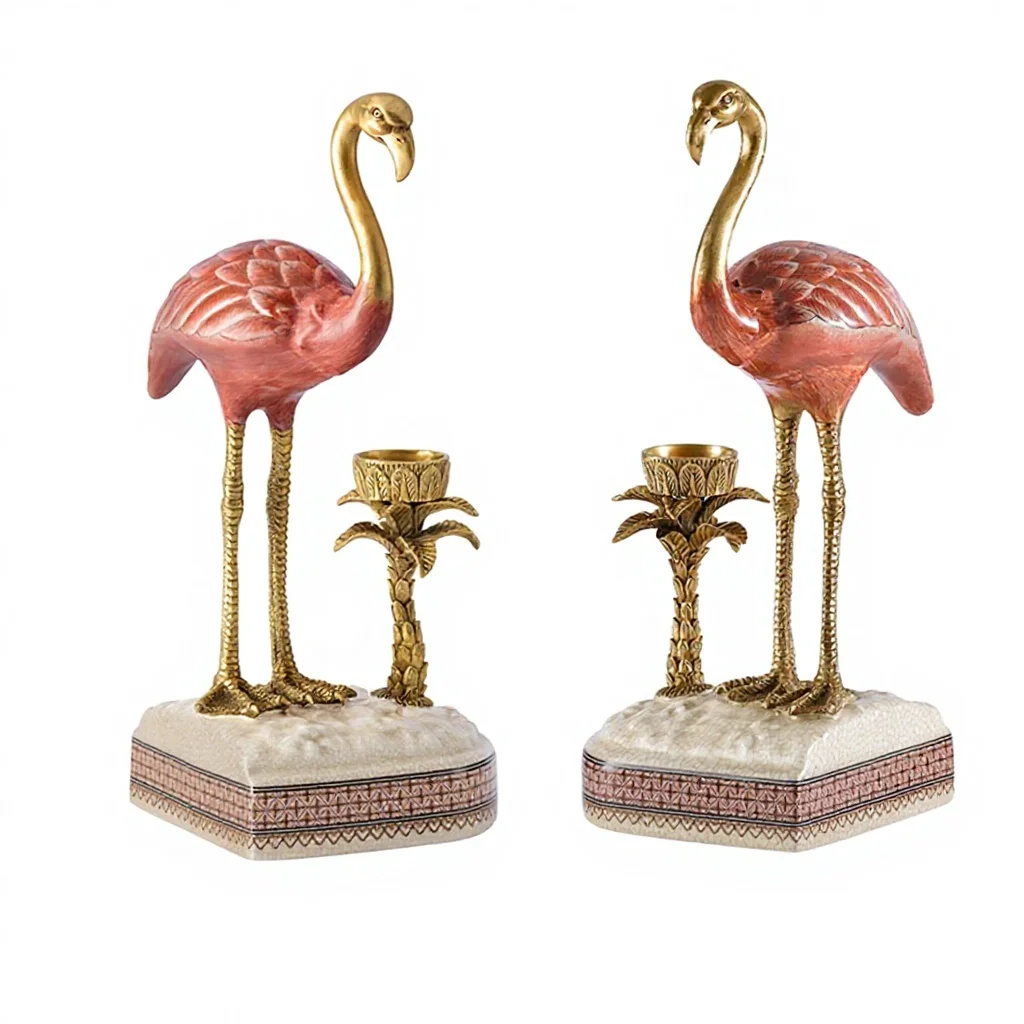 

&c Luxury Pink Art Decor Handmade Porcelain Handicraft with Flamingo Statue Candle Holder Living Room Christmas Animal Sculpture