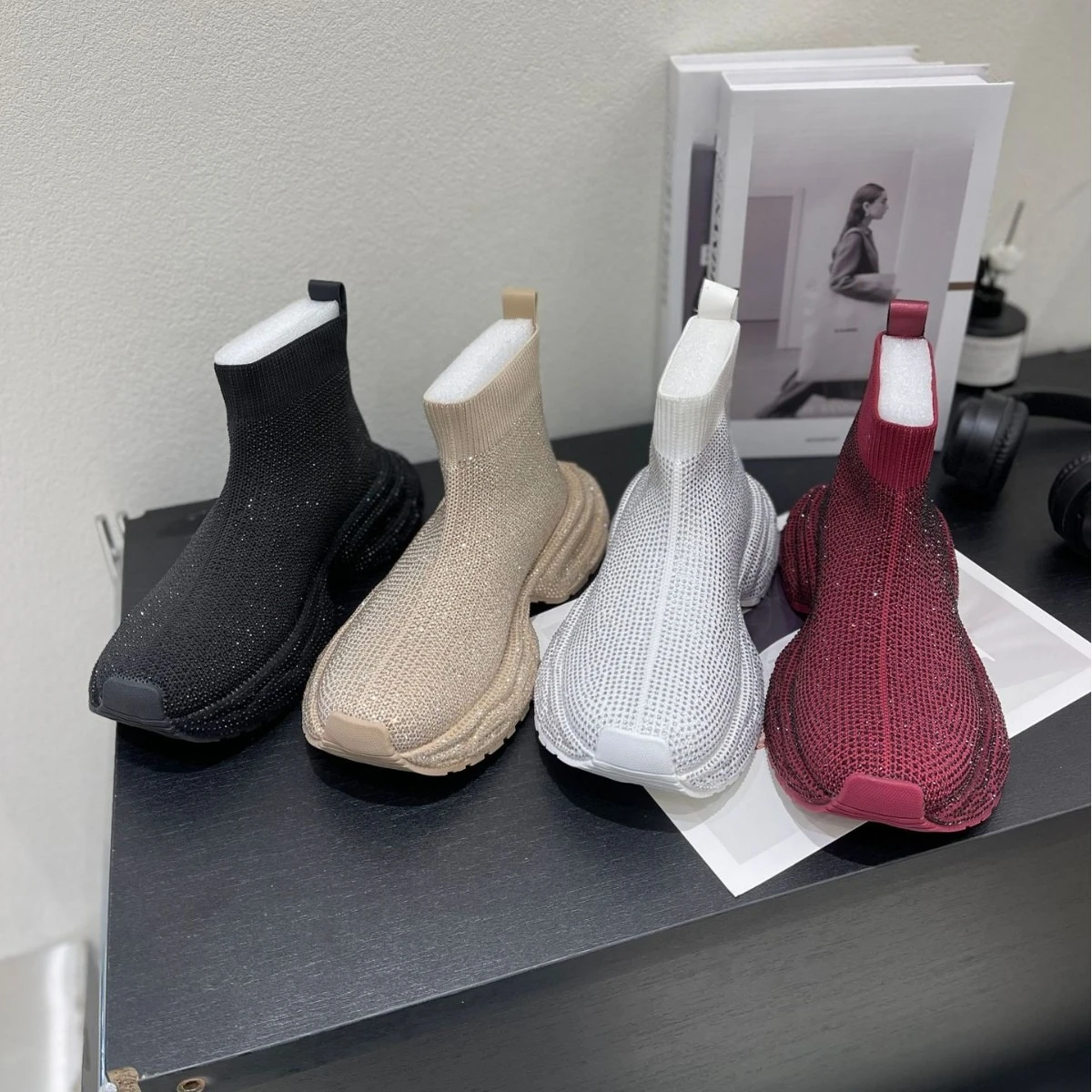 

Spring hot diamond socks shoes women's thick-soled knitted dad shoes medium tube sports elastic boots tide