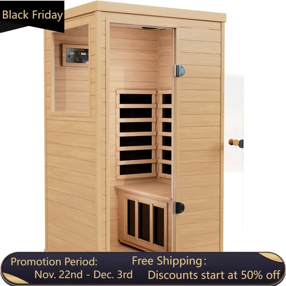 Infrared Sauna, 1 Person Far Infrared Sauna for Home, with 1050W Indoor Sauna, Low EMF Heaters, 2 Bluetooth Speakers, 1 LED