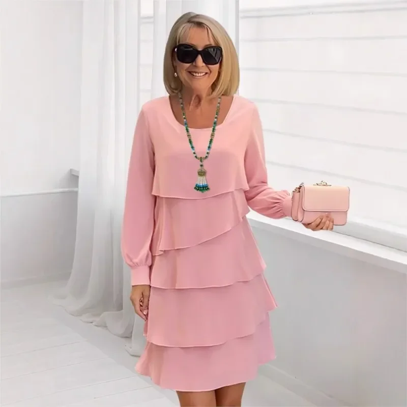 Outono feminino bolo chiffon vestido novo casual elegante o-pescoço festa irregular em camadas manga longa moda mini vestidos para mulher