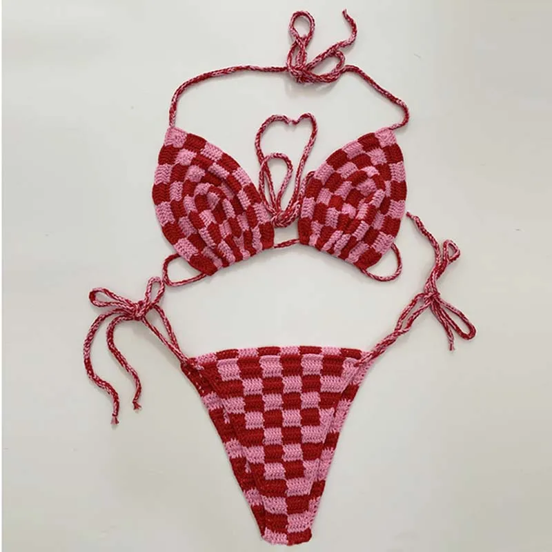 جديد مثير مجموعة البكيني الكروشيه، منقوشة الحياكة ملابس السباحة النساء، Strappy رفع المايوه البرازيلي، الصيف ملابس الشاطئ
