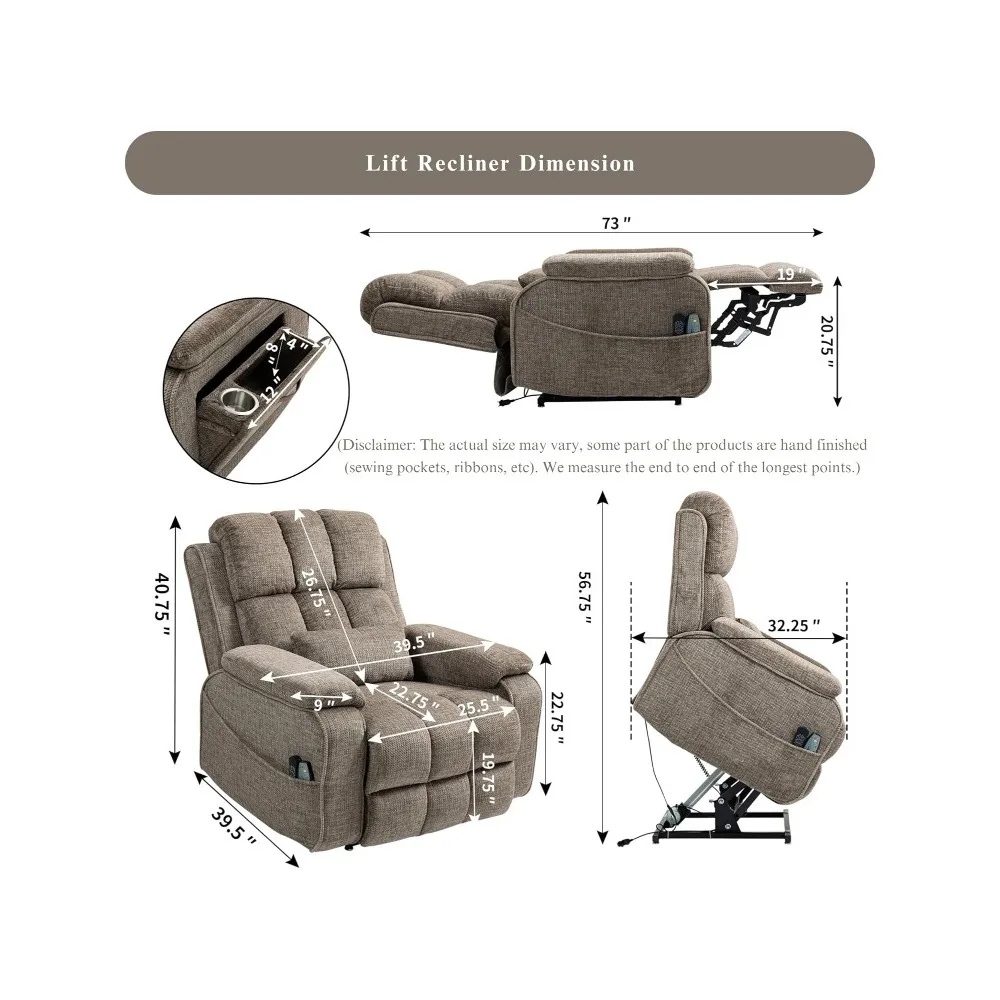 Power Lift Recliner Chairs for Elderly, Infinite Position Lay Flat Recliner with Heat & Massage Side Storage Cup Holder