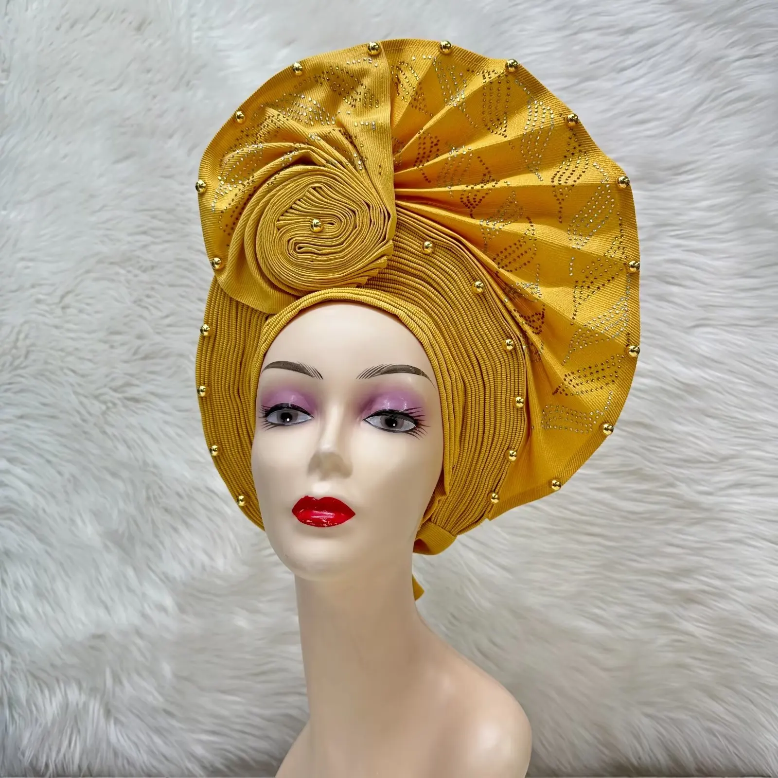 Fahion High Quality Nigerian Gele Headtie Aso Oke Gele Already Made Auto Gele Aso Ebi Headtie African Turban with Bead Z1113-1