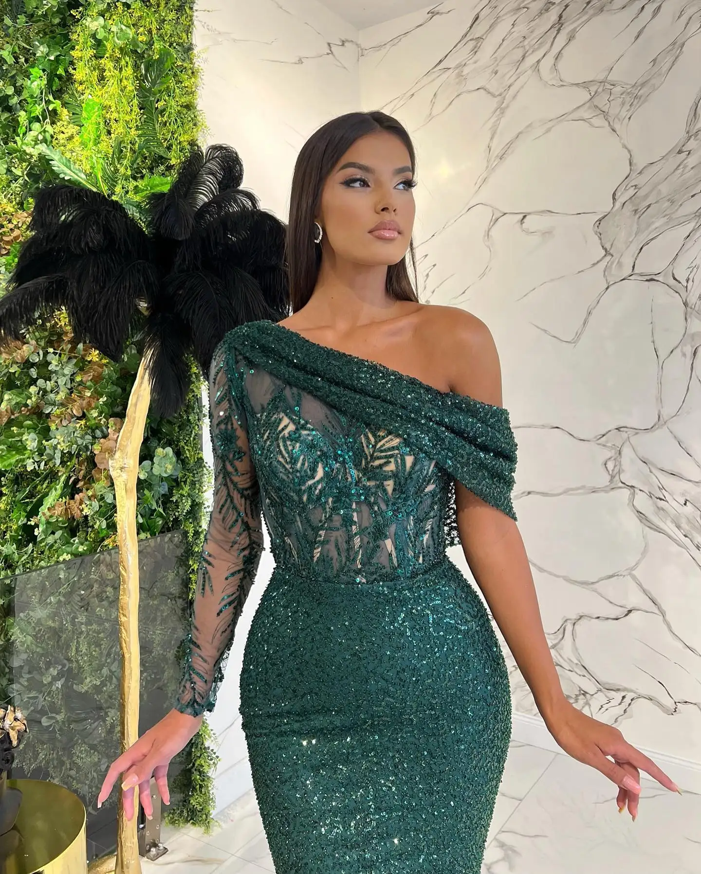 Emerald Green One Shoulder Mermaid Prom Dresses Floor-Length Cut-Out Lace Appliques Evening Party Gowns Custom Vestido De Novia