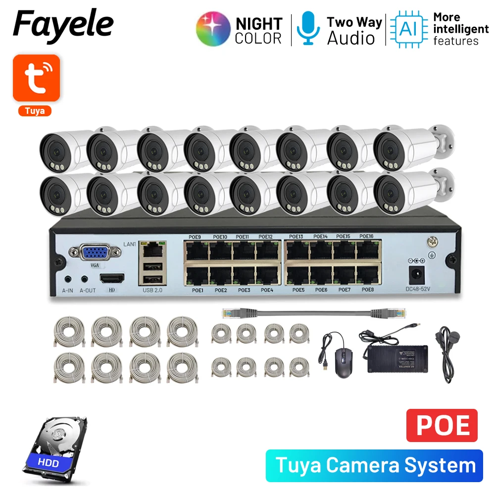 16CH POE Security Camera System Smartlife Video Surveillance Kit Outdoor IP66 Waterproof Metal Bullet Camera 16 Channels Tuya