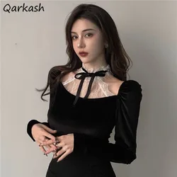 Black Halter Blouses Women Pleuche Mesh Spliced Design Lace Slim Basic New Sexy Mature All-match Streetwear Mujer Elegant Female