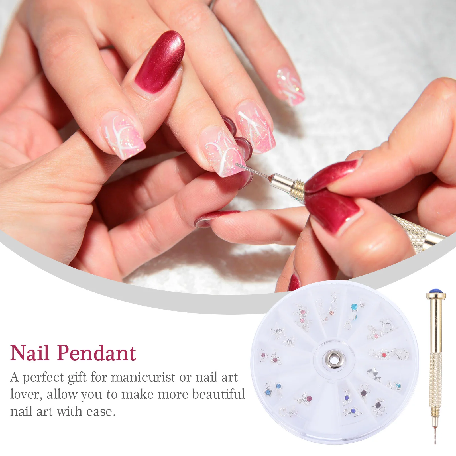 24 Uds. 1 Juego de Kit de dijes colgantes, herramienta de taladro para Piercing de uñas de aleación portátil compacta para manicuristas, dijes colgantes, decoraciones artísticas para uñas