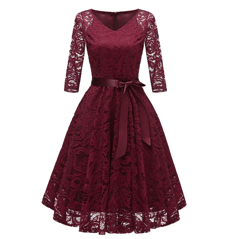 

New Women Sweet Lace V Neck Three Quarter Sleeve Midi Evening Dresses Plus Size Robes Soirees Multicolor Party Formal Gown