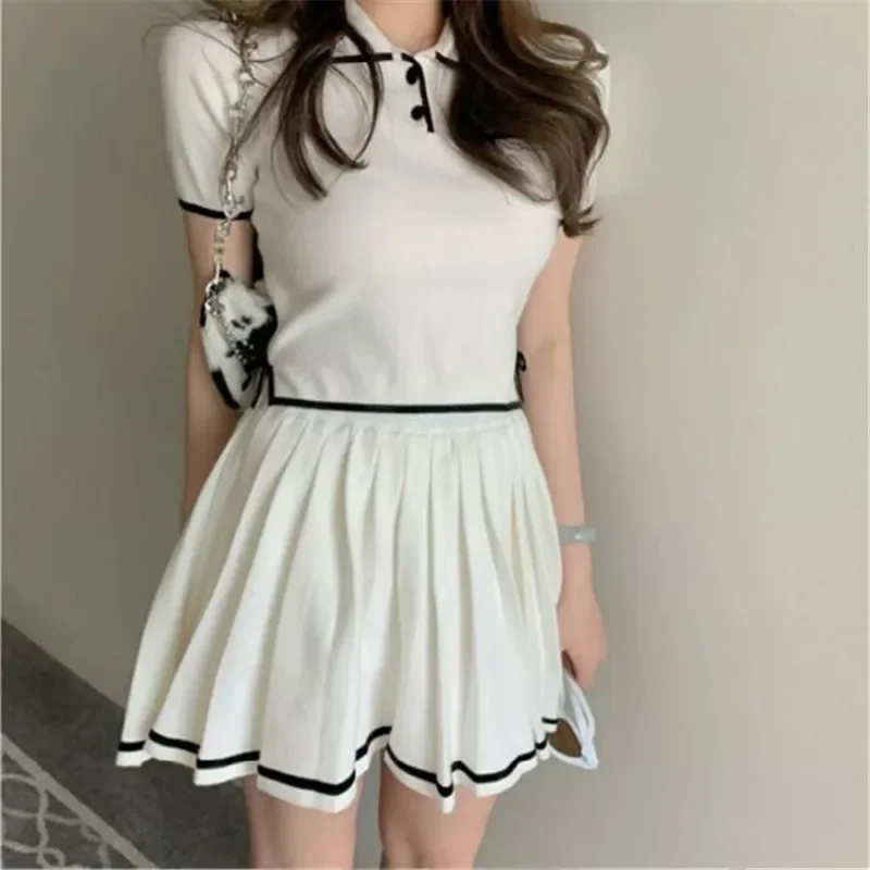 

Preppy Style Fashion 2 Pieces Sets Summer 2025 Women White Knitted Short T Shirt Top+Pleated Mini Skirt Casual 2pc Knit Suits