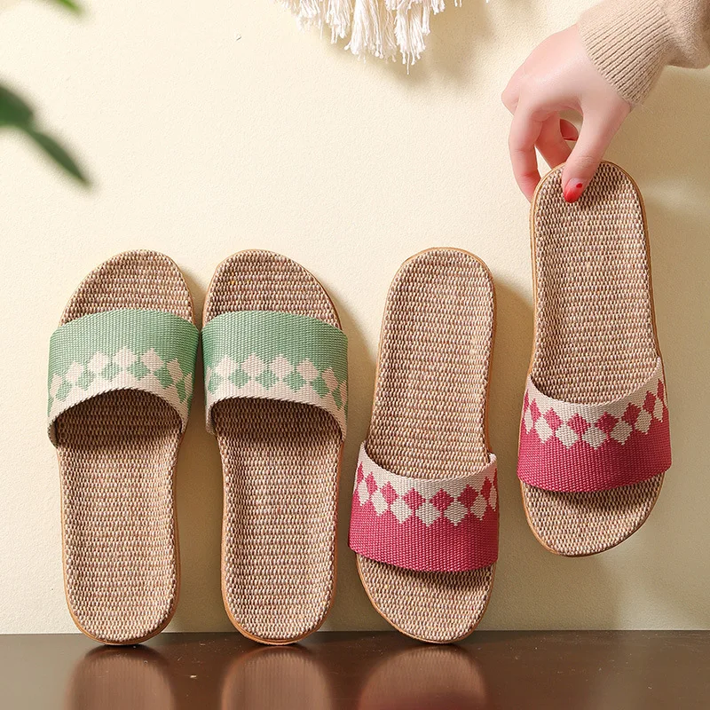 Mntrerm Square Pattern Linen Indoor And indoor Home Wood Floor Tile Slippery For Summer Season Linen Open Toe Straw Slippers