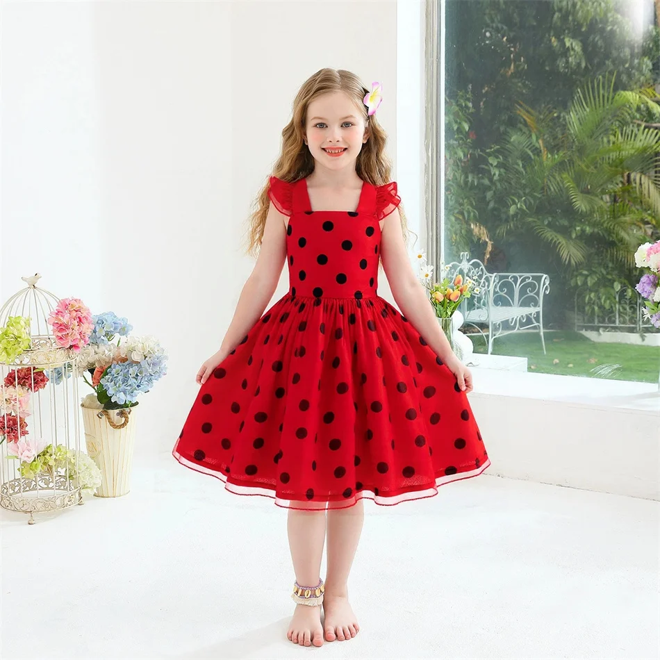 Baby Girl Polka Dot Red Princess Dress Children Cute Birthday Party Frock Toddler Halloween Xmas Carnival Festival Mesh Bow Gown