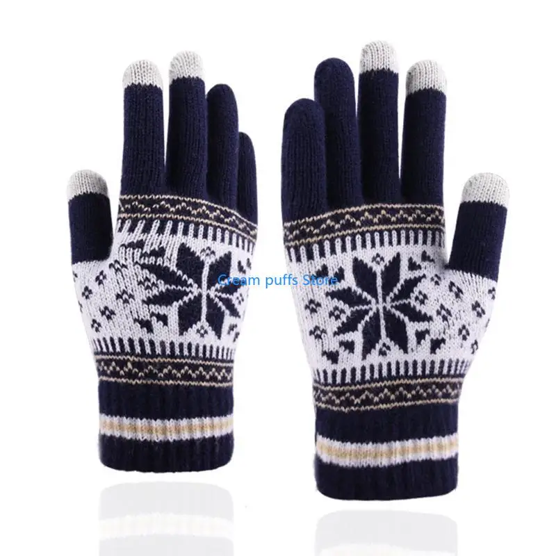 50LE Women Men Winter Snowflake Knitted Gloves Thicken Thermal Plush Lined Christmas Touchscreen Texting Mittens Hand Warmer