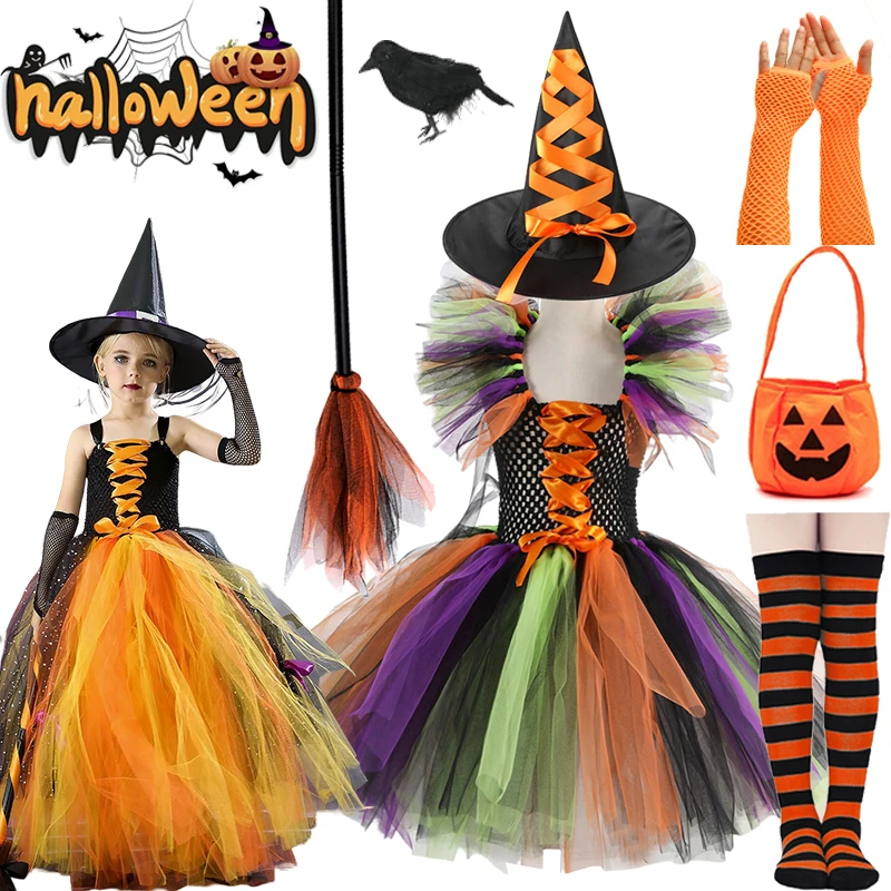 

Children Witch Dress Baby Girls Halloween Costumes Witch Halloween Cosplay Costumes Witch Dress Kids Halloween Party Clothings