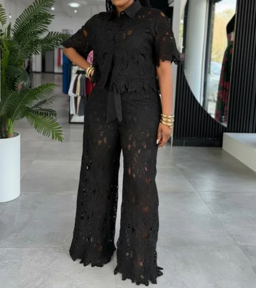 Two Piece Set Women Outfit 2025 Spring New Elegant Hollow Lace Turn-Down Collar Short Sleeve Shirt & Casual Wide Leg Pants Set