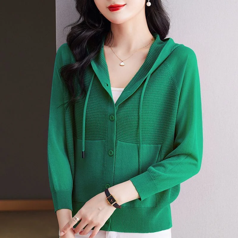 

Women's New Spliced ice Silk Knitted Hooded Cardigan Jacket Short Style Loose Bottoming Long-sleeved Sweatshirt