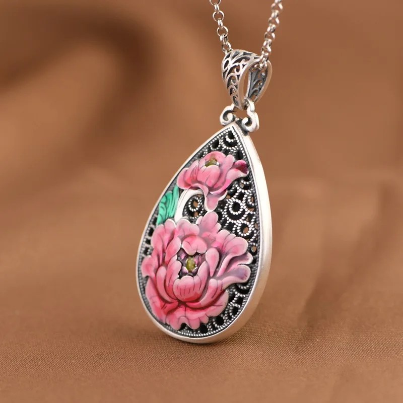 

Langyan 999 Pure Silver Chinese Style Enamel Cloisonne Water Drop Pendants Women Phoenix Peony Double Sided Pendant Jewelry DZ06