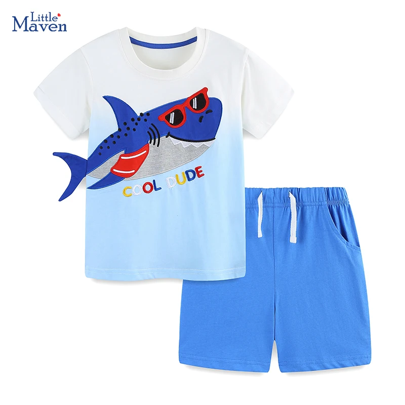 

Little maven Summer 2026 Children's Clothing Baby Boys Kids Clothes Tracksuit Cotton Sets Cartoon Sharks T Shirts Tops+Pants