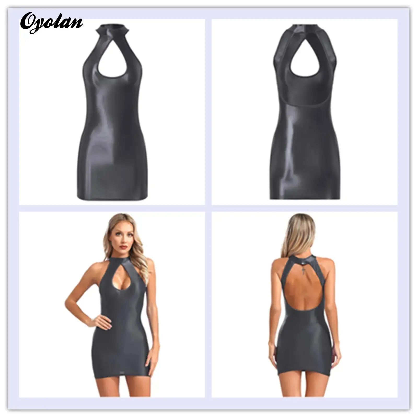 Vestido de falda envuelto en la cadera para mujer, vestido ajustado brillante, ropa de dormir con cuello Halter, sin mangas, sin espalda, minivestido calado, ropa para discoteca Rave