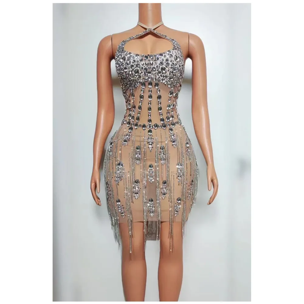 

Sexy Show Stage Wear Sparkly Rhinestones Fringes Mesh See Through Mini Dress Women Celebrate Birthday Wedding Evening Dresses