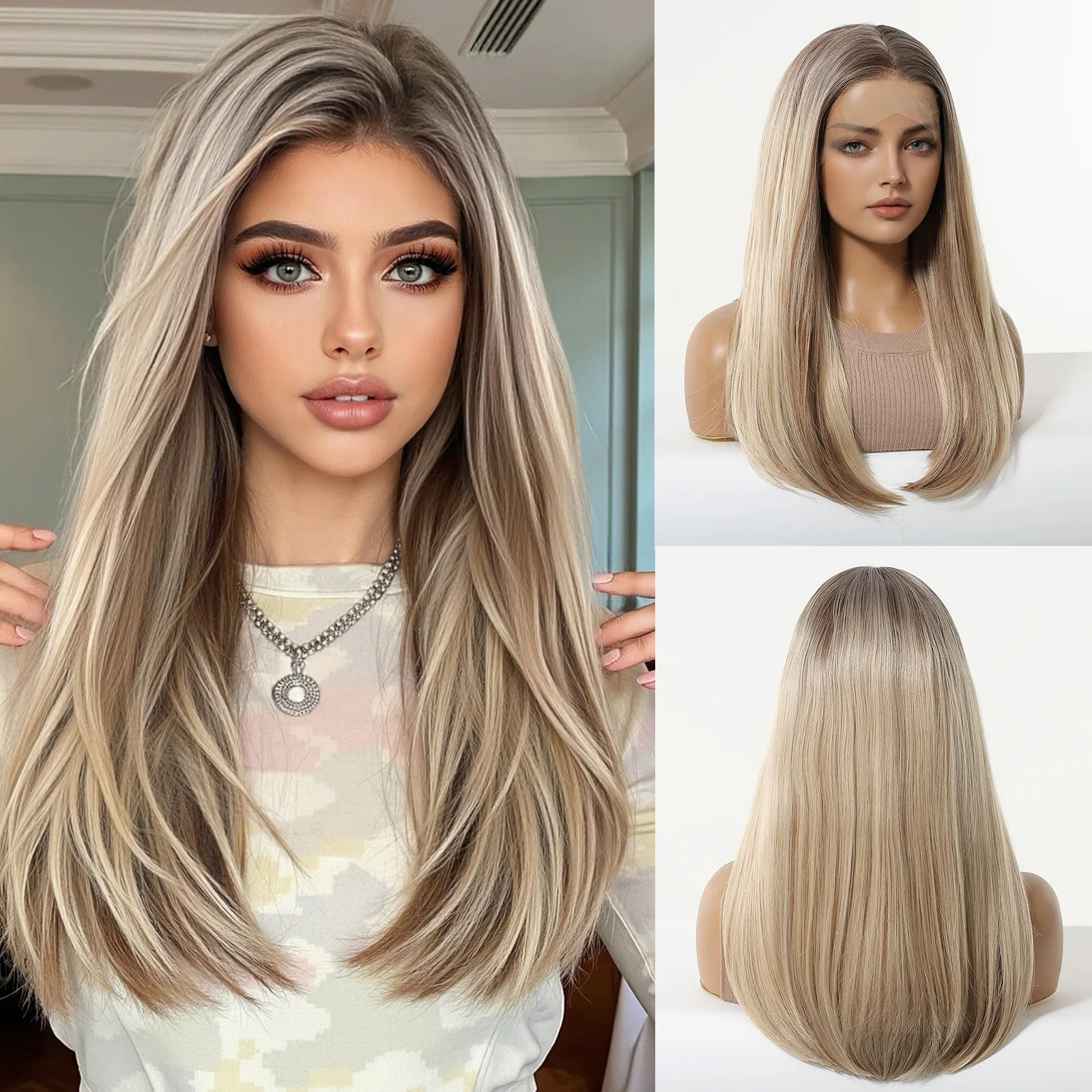 

HAIRCUBE Mixed Light Brown Straight Wig Natural Hairline 13*4 Transparent Lace Front Synthetic Wig For Women Daily Party Cosplay
