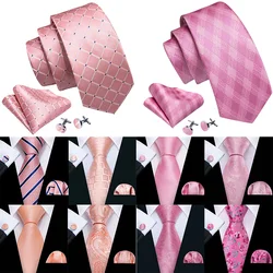 Pink Wedding Gift Necktie For Men Exquisiet Plaid Pocket Square Cufflinks Set Groom Party Business Designer 6012