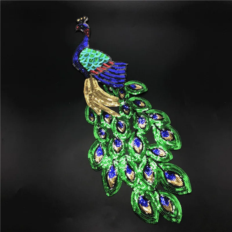 Gold Sequins Phoenix Bird Green Embroidered Patches Wedding Sew On Gown Appliques Lace Trims For Dancer Dress DIY Stickers