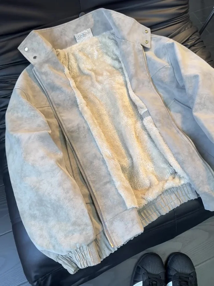 

ay Lamb Velvet Dyed PU Leather Jaet Men's Winter Fce Lined Thiened Warm Cotton Clothes Anti Cold Stand Collar Motorc...