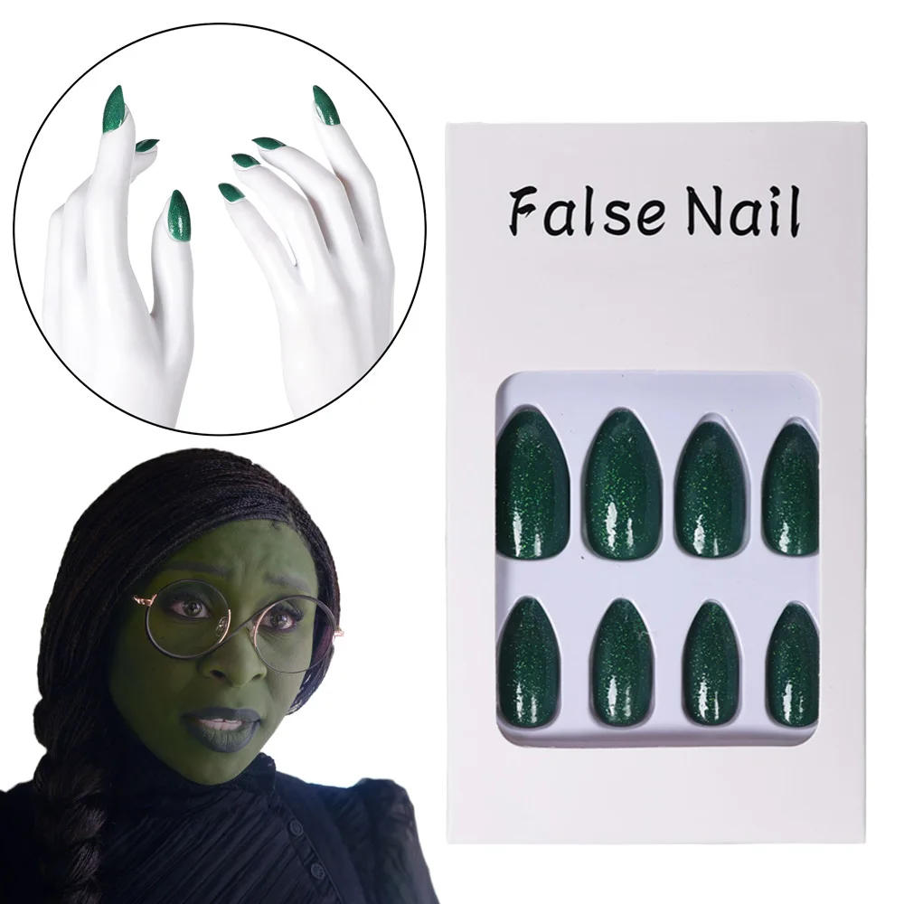 Elphaba Fake Nails 2024 Movie Wiked Cosplay Fantasy Costume Accessories Women Roleplay Fantasia Green Nail Art Tips Women Prop