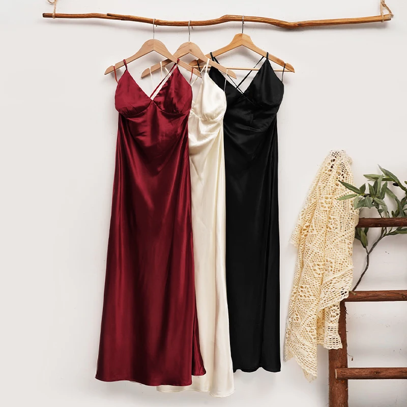 Robes longues en Satin pour femmes, élégantes, Sexy, col en v, dos nu, sans manches, Maxi, soirée, mariage, mode Chic