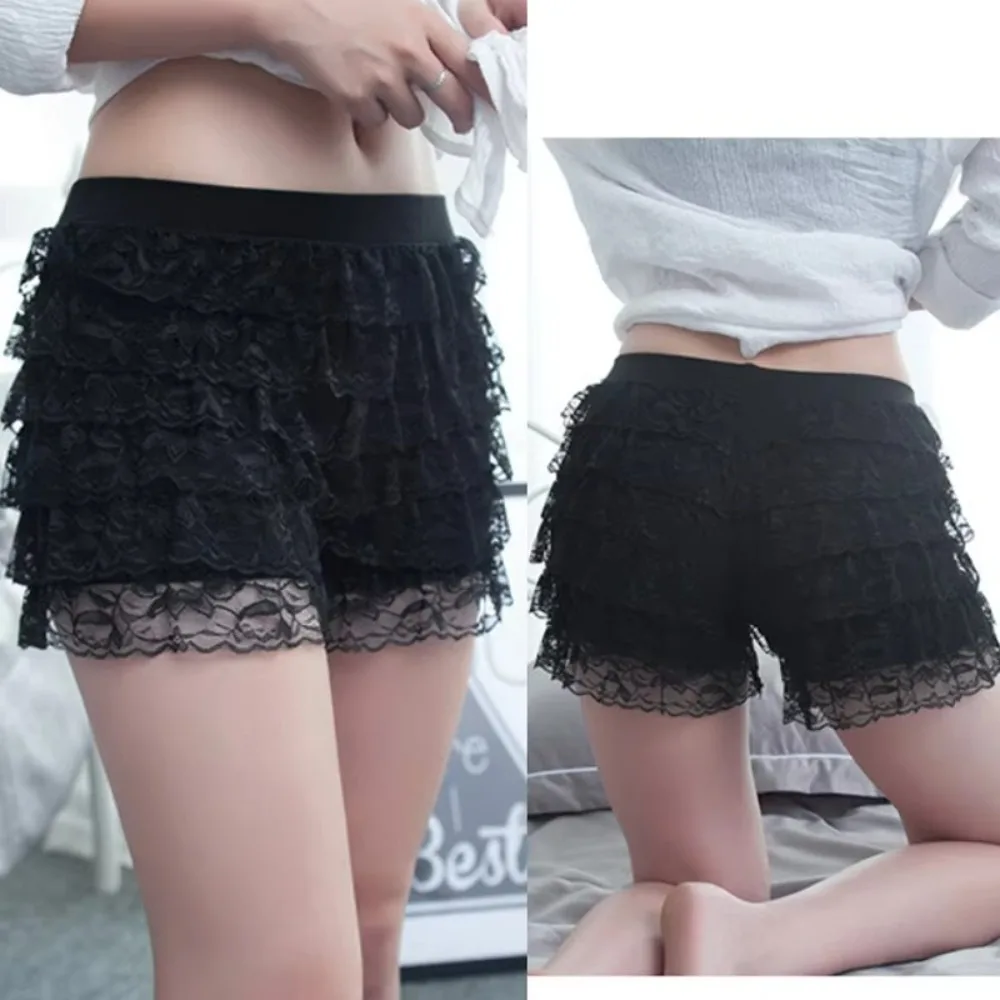 Casual Ruffle Lace Safety Short Pants Elastic Waist Anti-Emptied Princess Lolita Safety Shorts Breathable Lace-up Layered Shorts