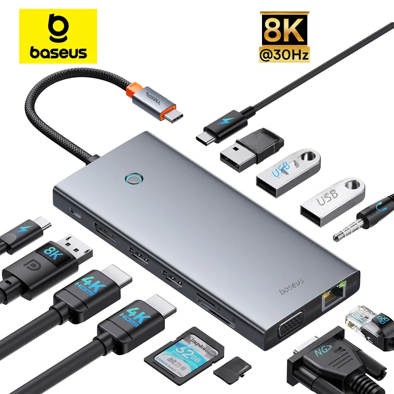 

Baseus 13-In-1 8K@30Hz USB HUB Type C to DP HDMI-compatible 4K 60Hz 120Hz RJ45 VGA Converter PD 100W USB 3.0 2.0 For Macbook PC