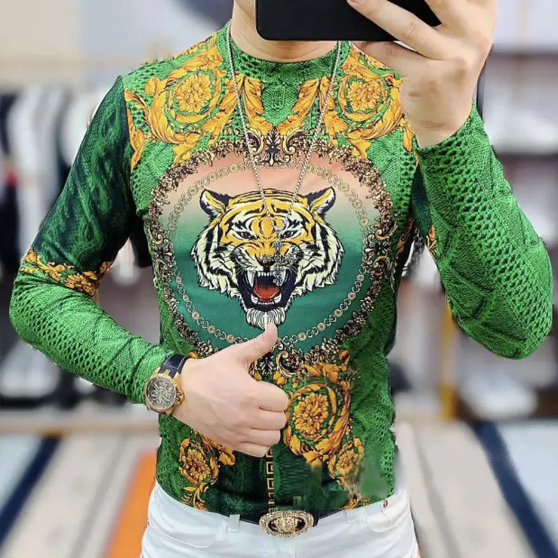 Fall Tiger Head Print Tee Shirt Homme Baroque Printing Men Tshirt Summer Korean Tide Tshirt Camiseta Slim Fit Tshirt For Men