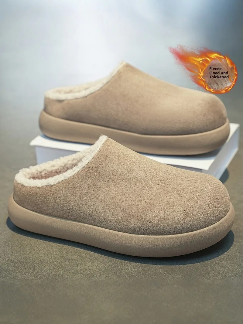 Thickened Cotton Slippers Men's Winter Home Office Wearable Mules Half Slippers Fleece Lined Warm  Cotton Shoes